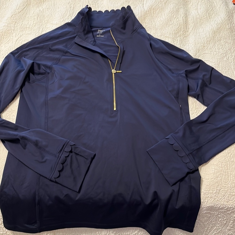 Crown&Ivy stretch pullover top navy blue scallop preppy Large L EUC